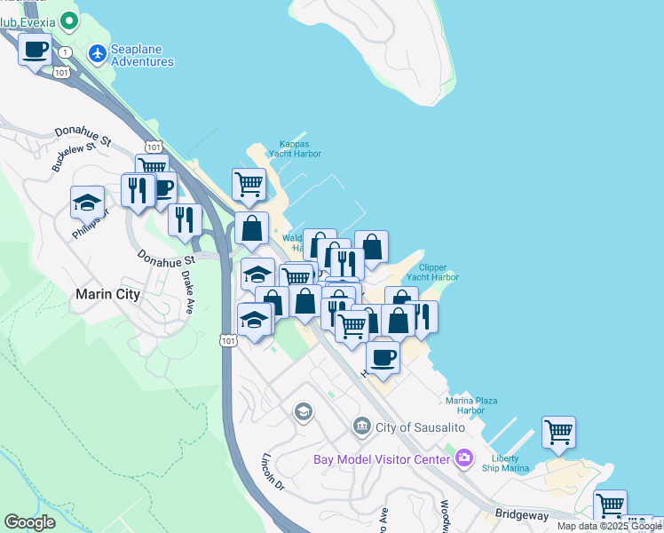 map of restaurants, bars, coffee shops, grocery stores, and more near 150 Gate 5 Road in Sausalito