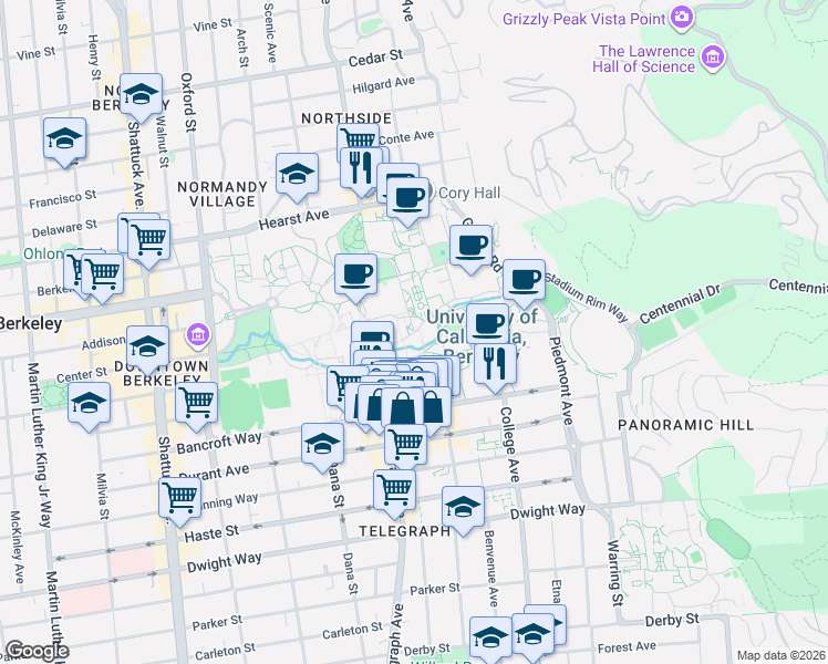 map of restaurants, bars, coffee shops, grocery stores, and more near South Hall Road in Berkeley