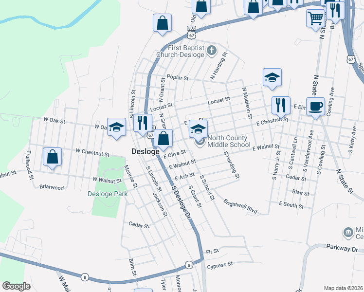 map of restaurants, bars, coffee shops, grocery stores, and more near 401 East Chestnut Street in Desloge