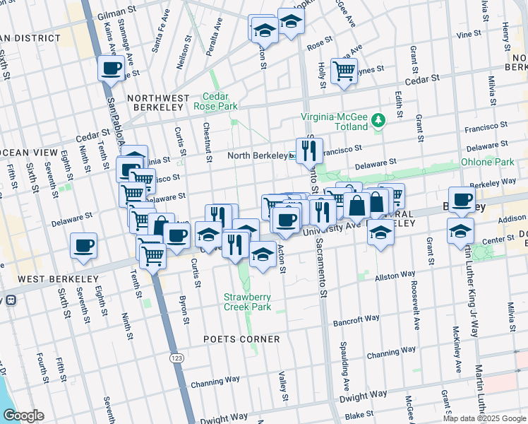 map of restaurants, bars, coffee shops, grocery stores, and more near 1821 Acton Street in Berkeley