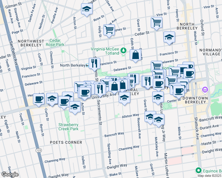 map of restaurants, bars, coffee shops, grocery stores, and more near 1908 California Street in Berkeley