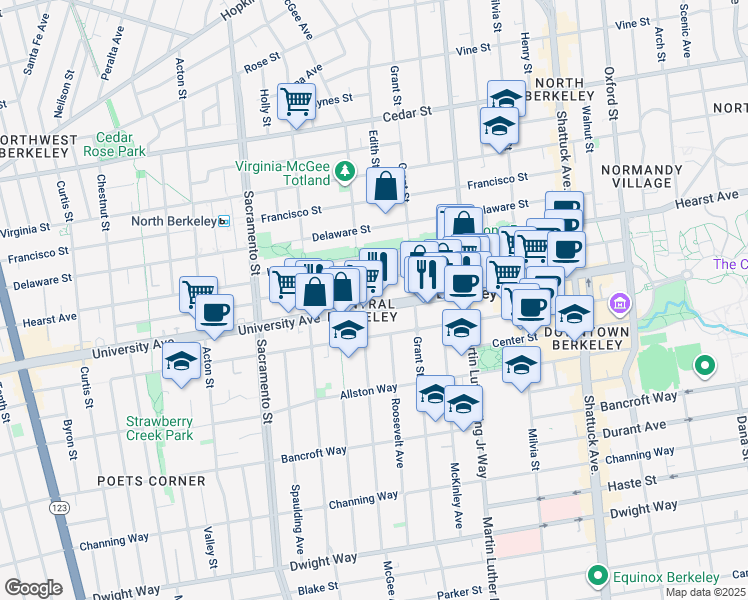 map of restaurants, bars, coffee shops, grocery stores, and more near 1713 University Avenue in Berkeley
