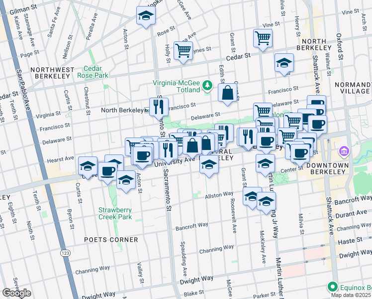 map of restaurants, bars, coffee shops, grocery stores, and more near 1908 California Street in Berkeley