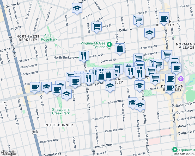 map of restaurants, bars, coffee shops, grocery stores, and more near 1908 California Street in Berkeley