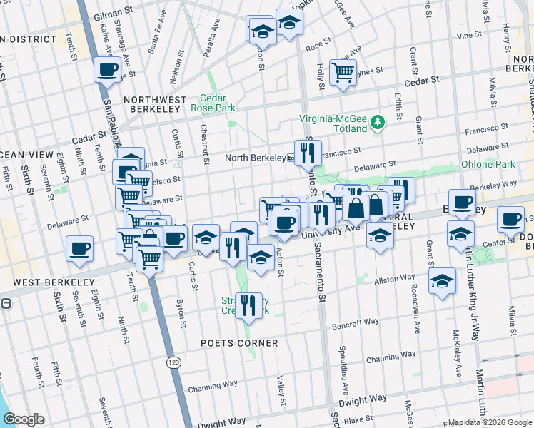 map of restaurants, bars, coffee shops, grocery stores, and more near 1821 Acton Street in Berkeley