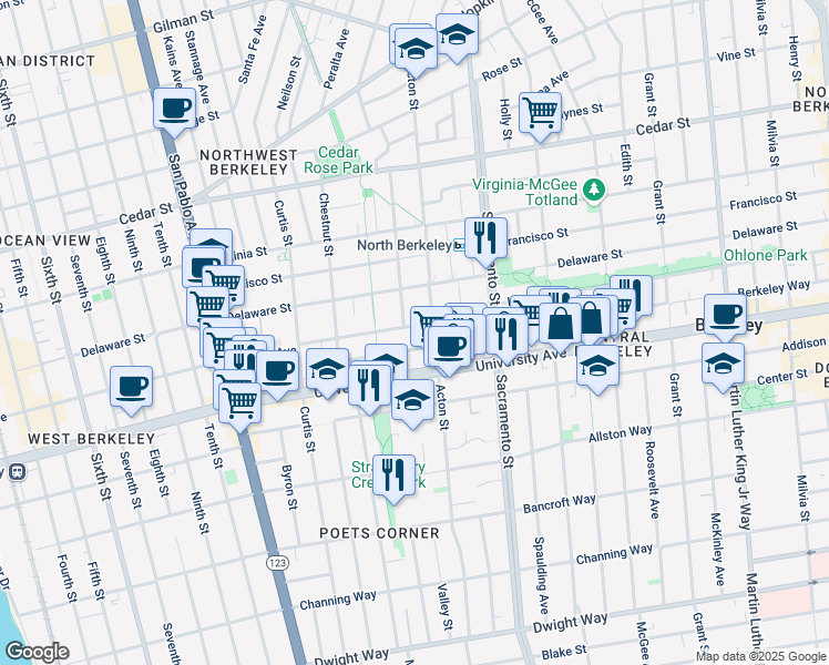 map of restaurants, bars, coffee shops, grocery stores, and more near 1821 Acton Street in Berkeley