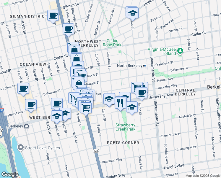 map of restaurants, bars, coffee shops, grocery stores, and more near 1228 Delaware Street in Berkeley