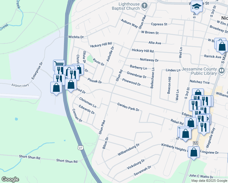 map of restaurants, bars, coffee shops, grocery stores, and more near 604 Pinoak Drive in Nicholasville