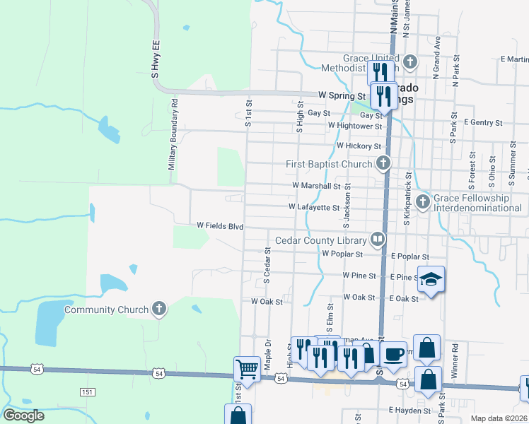 map of restaurants, bars, coffee shops, grocery stores, and more near 309 West Lafayette Street in El Dorado Springs
