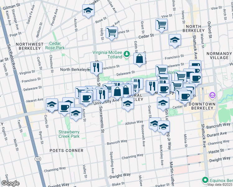 map of restaurants, bars, coffee shops, grocery stores, and more near 1929 California Street in Berkeley