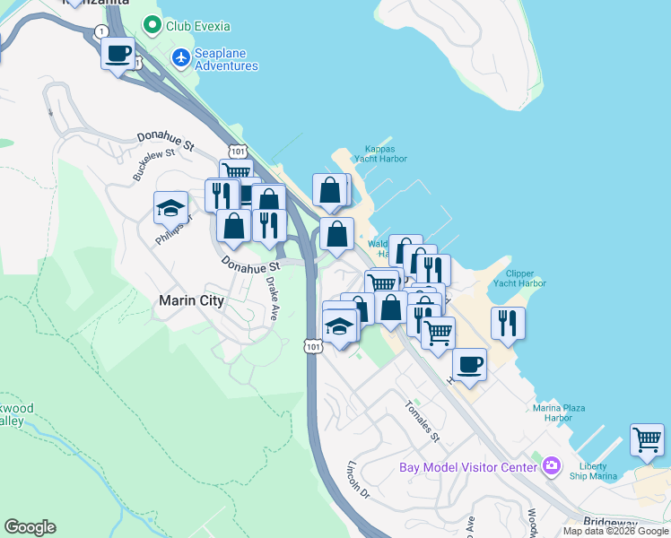 map of restaurants, bars, coffee shops, grocery stores, and more near 3001 North Bridge Boulevard in Sausalito