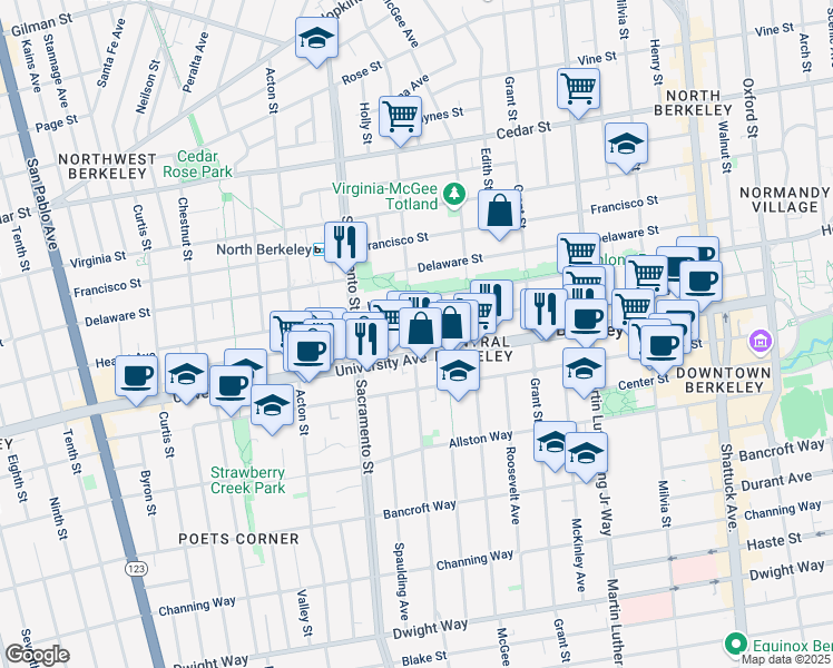 map of restaurants, bars, coffee shops, grocery stores, and more near 1908 California Street in Berkeley