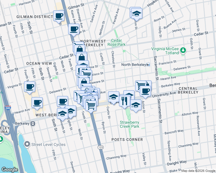 map of restaurants, bars, coffee shops, grocery stores, and more near 1228 Delaware Street in Berkeley