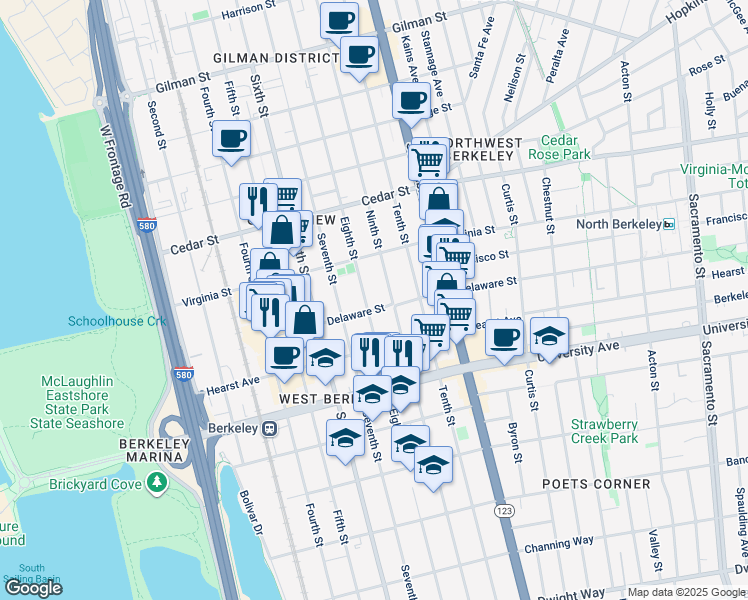 map of restaurants, bars, coffee shops, grocery stores, and more near 1723 Eighth Street in Berkeley