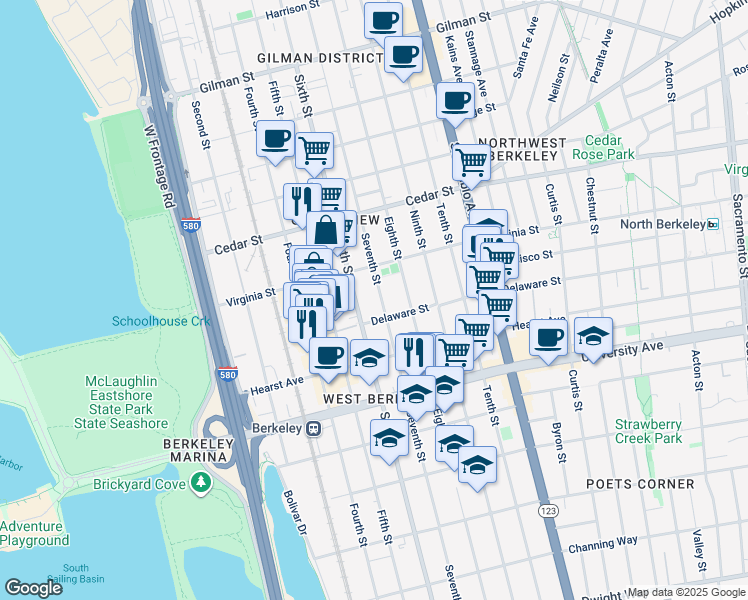 map of restaurants, bars, coffee shops, grocery stores, and more near 1716 Seventh Street in Berkeley