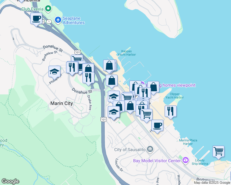 map of restaurants, bars, coffee shops, grocery stores, and more near 4185 Bridgeway in Sausalito