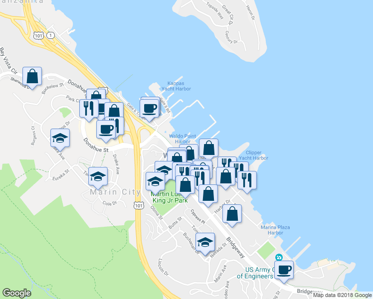 map of restaurants, bars, coffee shops, grocery stores, and more near 4 Liberty Dock in Sausalito