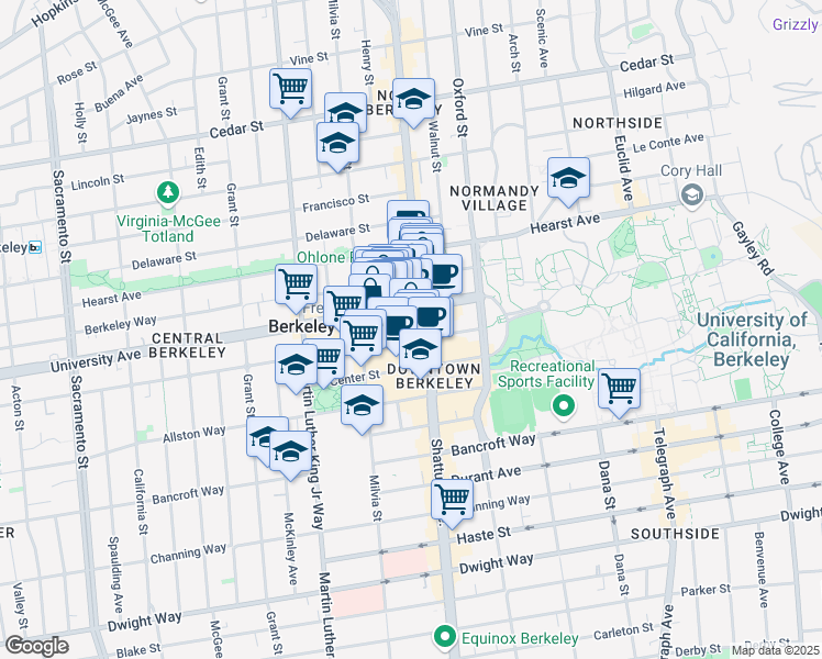 map of restaurants, bars, coffee shops, grocery stores, and more near 2048 University Avenue in Berkeley