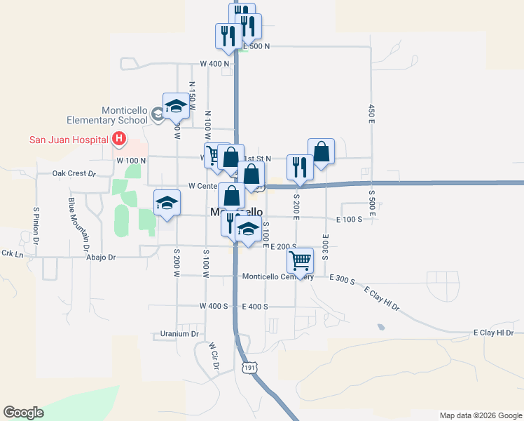 map of restaurants, bars, coffee shops, grocery stores, and more near 32 South 100 East in Monticello