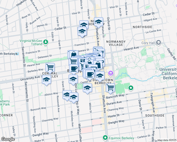 map of restaurants, bars, coffee shops, grocery stores, and more near 1995 University Avenue in Berkeley