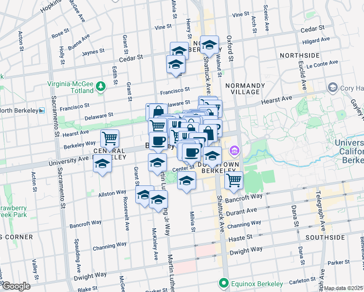 map of restaurants, bars, coffee shops, grocery stores, and more near 1995 University Avenue in Berkeley