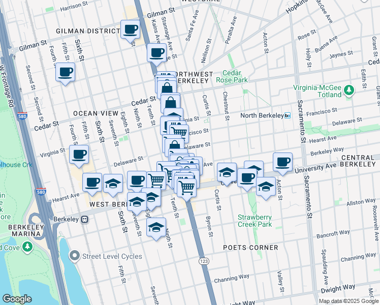 map of restaurants, bars, coffee shops, grocery stores, and more near 1121 Delaware Street in Berkeley