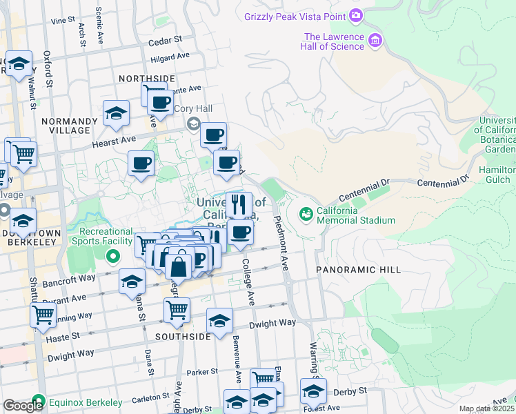 map of restaurants, bars, coffee shops, grocery stores, and more near 2220 Piedmont Avenue in Berkeley
