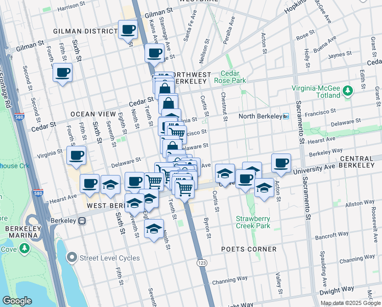 map of restaurants, bars, coffee shops, grocery stores, and more near 1128 Delaware Street in Berkeley