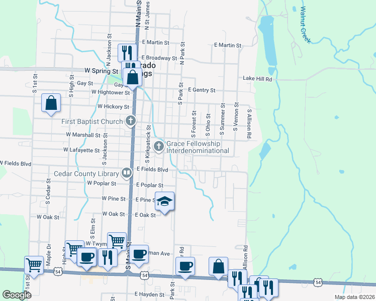map of restaurants, bars, coffee shops, grocery stores, and more near 406 East Marshall Street in El Dorado Springs