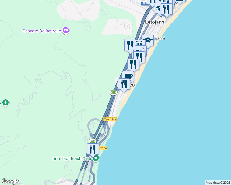map of restaurants, bars, coffee shops, grocery stores, and more near 203 Via Nazionale in Mazzeo