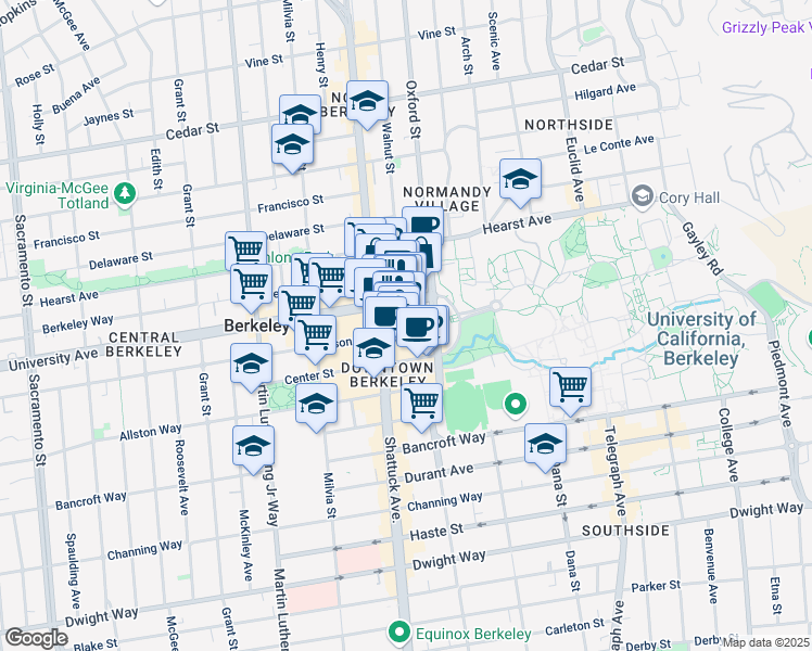 map of restaurants, bars, coffee shops, grocery stores, and more near 2119 Addison Street in Berkeley
