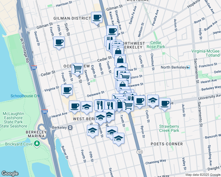map of restaurants, bars, coffee shops, grocery stores, and more near 1729 Ninth Street in Berkeley