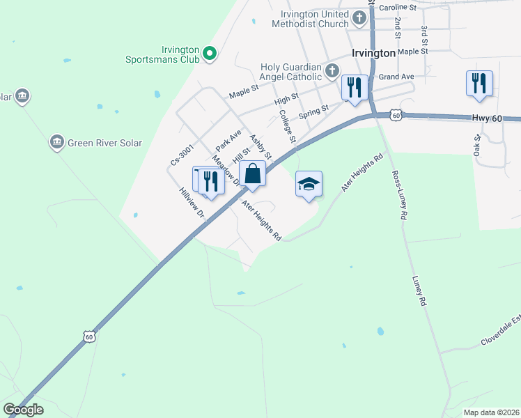 map of restaurants, bars, coffee shops, grocery stores, and more near 139 Ater Heights Road in Irvington