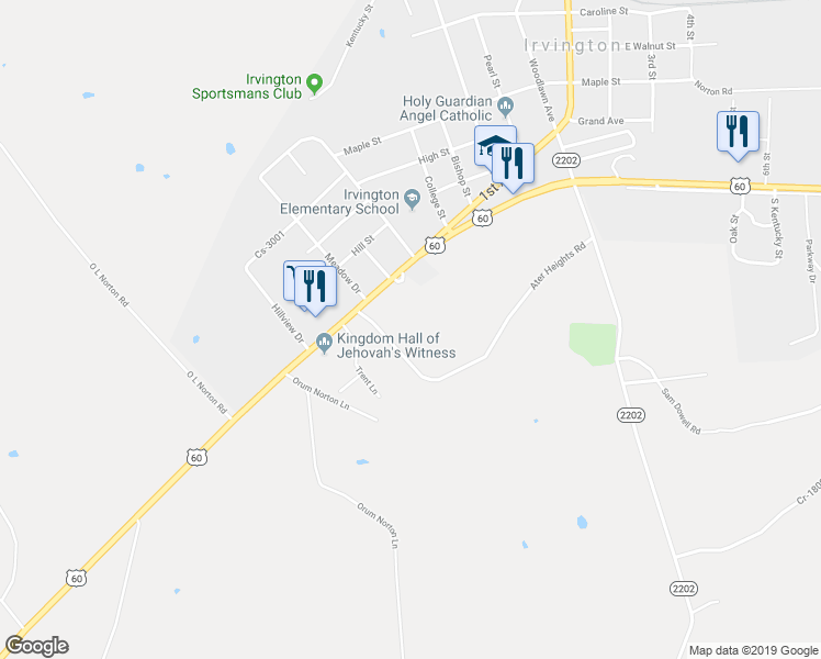 map of restaurants, bars, coffee shops, grocery stores, and more near 1 Ater Heights Road in Irvington
