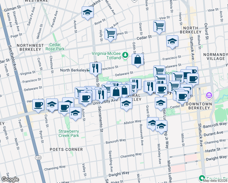 map of restaurants, bars, coffee shops, grocery stores, and more near California Street & Berkeley Way in Berkeley