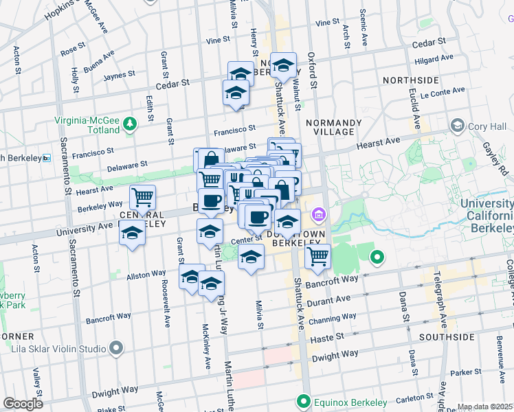 map of restaurants, bars, coffee shops, grocery stores, and more near 1995 University Avenue in Berkeley