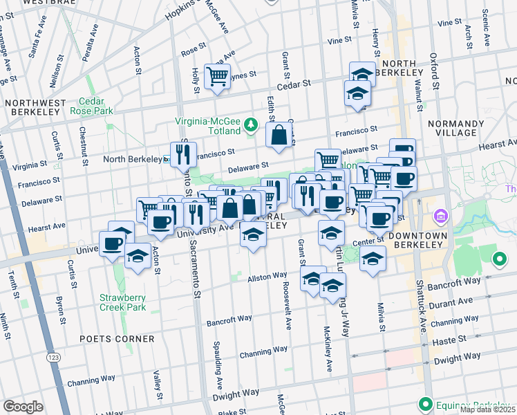 map of restaurants, bars, coffee shops, grocery stores, and more near 1631 Berkeley Way in Berkeley