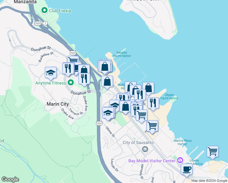 map of restaurants, bars, coffee shops, grocery stores, and more near 4185 Bridgeway in Sausalito