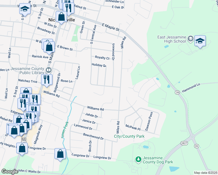 map of restaurants, bars, coffee shops, grocery stores, and more near 124 Queensway Drive in Nicholasville