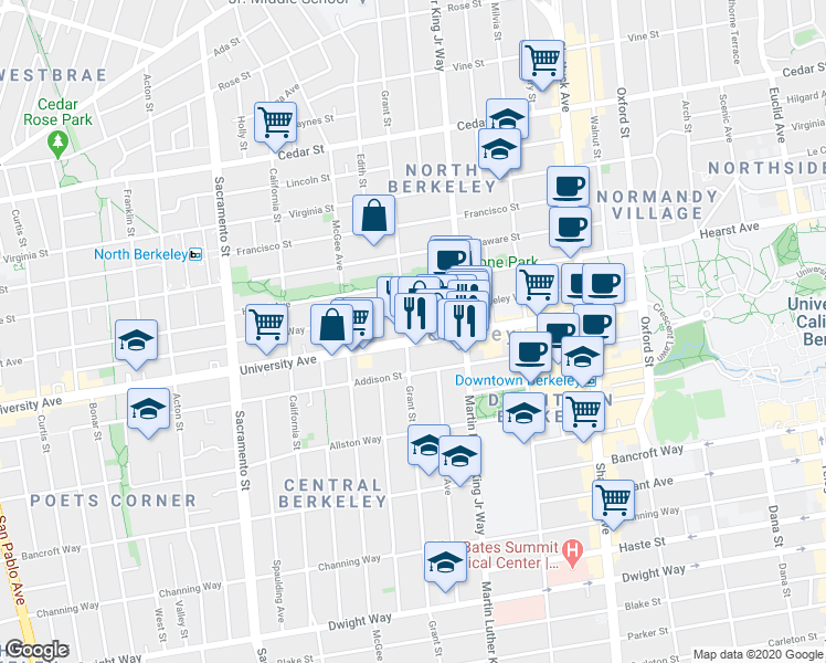 map of restaurants, bars, coffee shops, grocery stores, and more near 1801 University Avenue in Berkeley