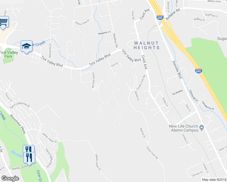 map of restaurants, bars, coffee shops, grocery stores, and more near 178 Castle Hill Ranch Road in Walnut Creek