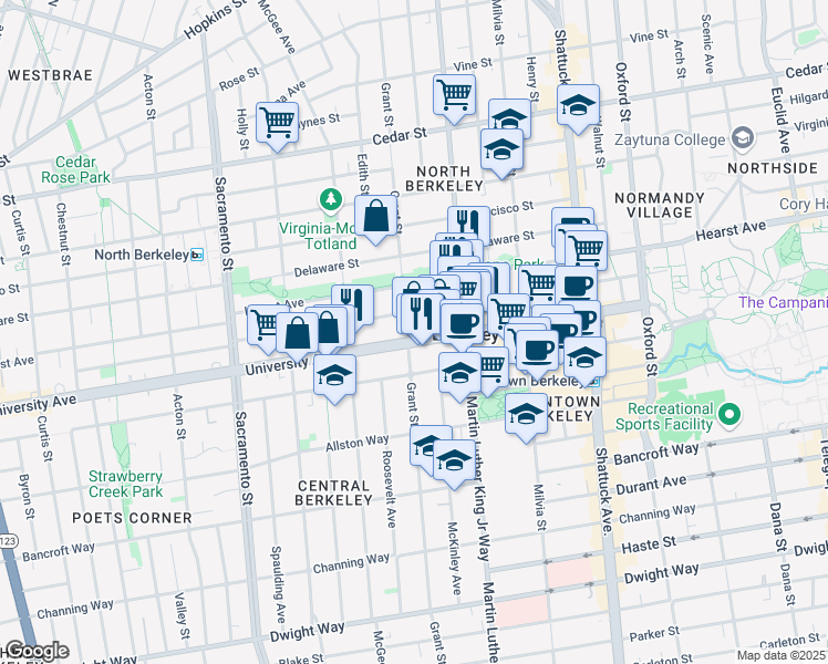 map of restaurants, bars, coffee shops, grocery stores, and more near 1801 University Avenue in Berkeley