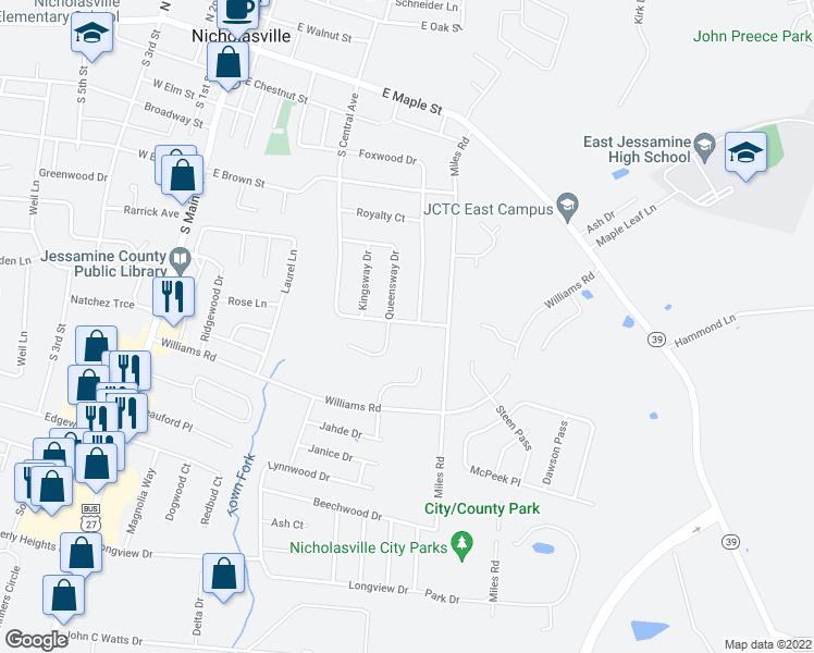 map of restaurants, bars, coffee shops, grocery stores, and more near 124 Queensway Drive in Nicholasville