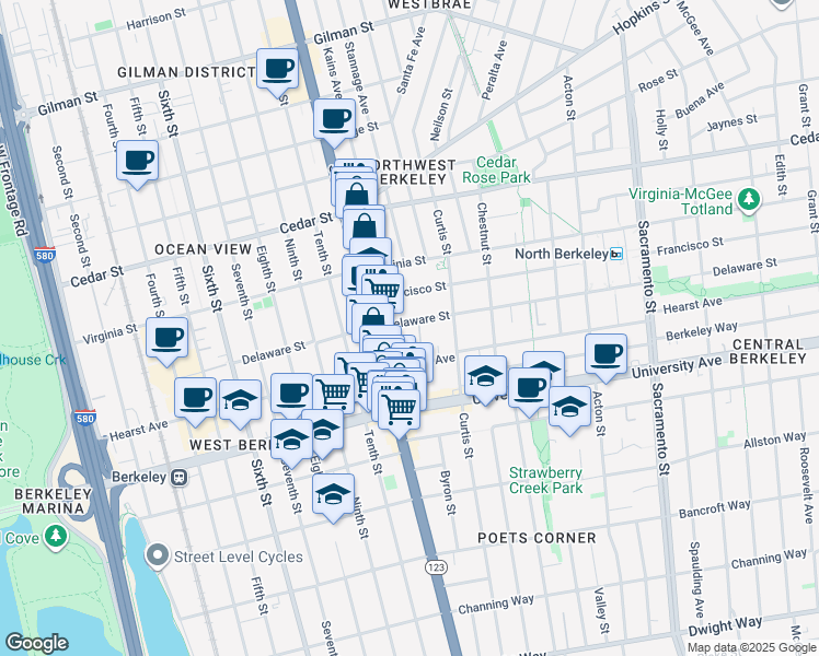 map of restaurants, bars, coffee shops, grocery stores, and more near 1128 Delaware Street in Berkeley
