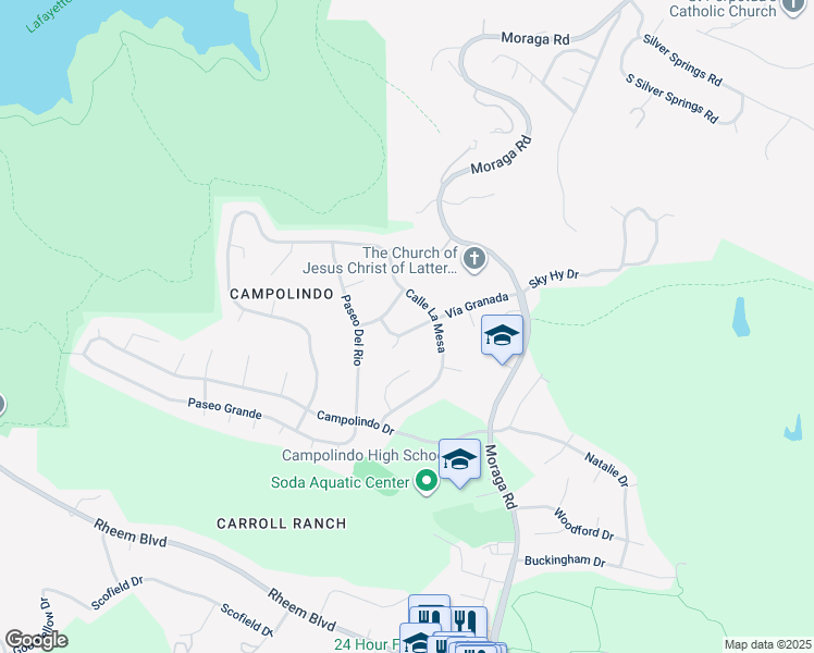 map of restaurants, bars, coffee shops, grocery stores, and more near 3824 Vía Granada in Moraga
