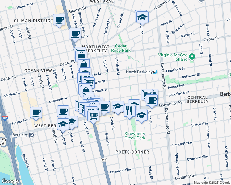 map of restaurants, bars, coffee shops, grocery stores, and more near 1228 Delaware Street in Berkeley