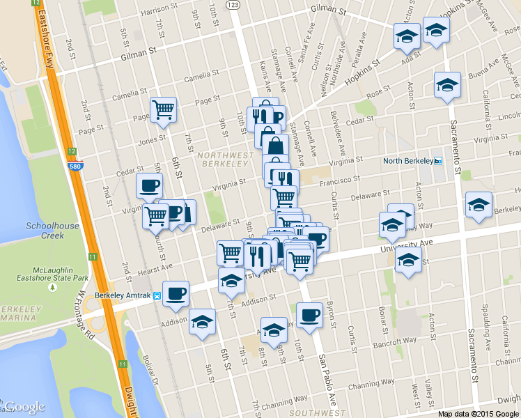 map of restaurants, bars, coffee shops, grocery stores, and more near 1729 Ninth Street in Berkeley