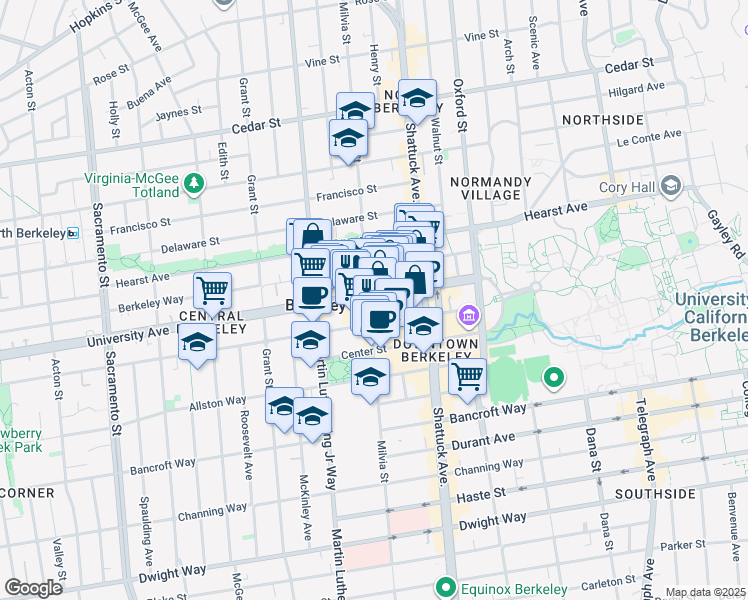 map of restaurants, bars, coffee shops, grocery stores, and more near 1995 University Avenue in Berkeley