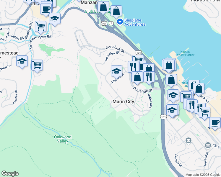 map of restaurants, bars, coffee shops, grocery stores, and more near 25 Burgess Court in Sausalito