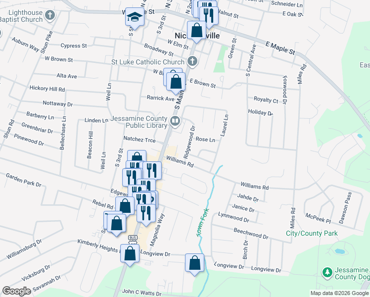 map of restaurants, bars, coffee shops, grocery stores, and more near 223 Ridgewood Drive in Nicholasville